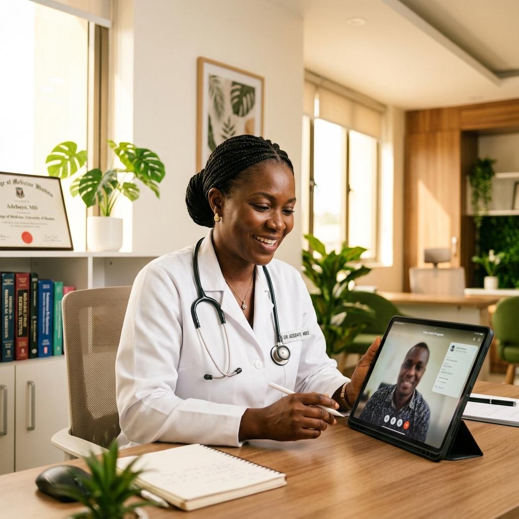 African doctor conducting a video consultation with a patient on a tablet